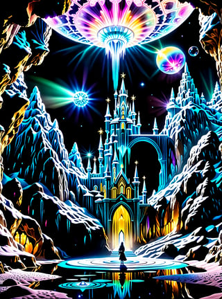 ((In the center of the MYSTICAL cave entrance surrounded by a large crystal formations is a GIANT  CASTLE  AND A  SEMI TRANSPARENT UFO MADE OF ASTRAL ENERGY HOVERS OF THE CASTLE THAT IS  MADE OUT OF SPIRITUAL ENERGY, it is made of translucent light and spiritual energy)) . A magical land psychedelic landscape wonderland with a  Guardian Spirit to watch over all. Dmt visuals. (visionary art style). ((symmetrical)) , uv, neon., uv highlights 
 fractals, sacred  geometry  and vivid color, (perfect symmetry),
 . Spirit realm, psychedelic landscape  , (masterpiece, best quality, ultra-detailed),, High detailed, detailed background, score_9, score_8_up, score_7_up, best quality, masterpiece,)) 4k,visionary art, everything fits into the image,