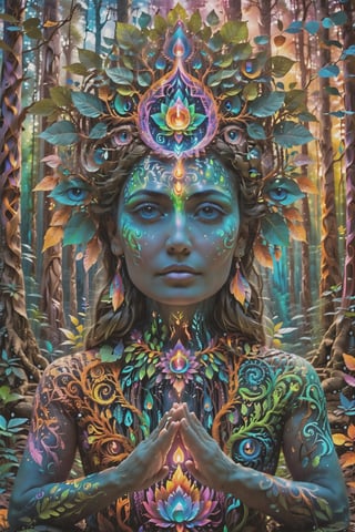 this person sits in a forest and transcends their ego mind and opens up to the spirit realm surrounding them. human in meditation, fractals, vivid color, 
"Visionary art is art that purports to transcend the physical world and portray a wider vision of awareness including spiritual or mystical themes, or is based in such experiences." , psychedelic visionary art ,animal spirits, ,spirits,spirit guides, , . Shamanic visions , ayahuasca visions . Spirit realm, metaphysical realm, esoteric,style, full body human,medium shot, perfect anatomy , psychedelic landscape surrounding the person , (masterpiece, best quality, ultra-detailed), (perfect hands, perfect anatomy), High detailed, detailed background, anatomically correct, beautiful face, detailed hands, perfect eyes, expressive eyes, score_9, score_8_up, score_7_up, best quality, masterpiece, 4k,visionary art,ULTIMATE LOGO MAKER [XL],bl4ckl1ghtxl