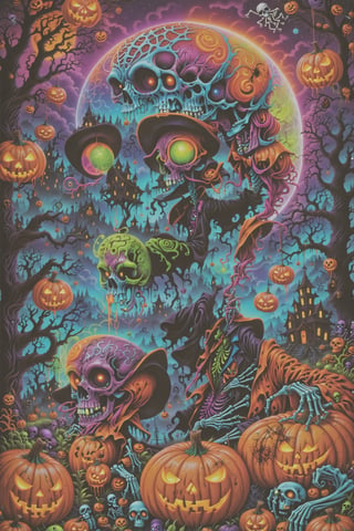 the best halloweencore art ever created, Samhain , Halloween town, old spooky town ,hanging people, skeletons, zombies, visionary art style masterpiece ,Extreme details, Otherworldly, Decorated, beautifully lit, . uv, neon, black light, uv reactive, neon highlights, psychedelic, dmt, Psychedelica, visionary art,skeletons,pumpkins,bats,spider webs,zombies,dmt, lsd art, intricate details, max details, Ultra realistic, photo realism, symbolic,multi-layered , stylized, dramatic atmosphere, volumetric lighting, vray render, 8k, HDR, RTX, mysterious figures, intense colors,newschool art style Halloweencore master piece, ,in the style of dan mumford and cristina mcallister, poster art , made of all of the above
 . Spirit realm, metaphysical realm, esoteric,style , psychedelic landscape  , (masterpiece, best quality, ultra-detailed),, High detailed, detailed background, anatomically correct, , score_9, score_8_up, score_7_up, best quality, masterpiece, 4k,visionary art,ULTIMATE LOGO MAKER [XL],bl4ckl1ghtxl,dd4ught3r,Halloween