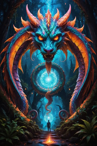 a massive dragon made of light and comsic energy guards the gates to another realm a wanderer stand before the dragon seeking passage , the spirit realm overlays the pysical realtiy  surrounding the wanderer , . , fractals, vivid color, 
"Visionary art style , psychedelic visionary art ,animal spirits, ,spirits,spirit guides,. Shamanic visions ,(the dragons body is not pysical it is transparent light energy )  . Spirit realm, metaphysical realm, esoteric,style, full body human,medium shot, perfect anatomy , psychedelic landscape surrounding the person , (masterpiece, best quality, ultra-detailed), (perfect hands, perfect anatomy), High detailed, detailed background, anatomically correct, beautiful face, detailed hands, perfect eyes, expressive eyes, score_9, score_8_up, score_7_up, best quality, masterpiece, 4k,visionary art,ULTIMATE LOGO MAKER [XL],bl4ckl1ghtxl,visionary art style