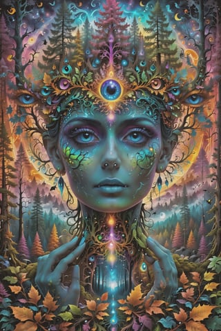 a forest of transcendence that opens up to the surroundings breaking down physical reality into the spirit realm . , fractals, vivid color, 
 . Spirit realm, metaphysical realm, esoteric,style , psychedelic landscape  , (masterpiece, best quality, ultra-detailed), (perfect hands, perfect anatomy), High detailed, detailed background, anatomically correct, beautiful face, detailed hands, perfect eyes, expressive eyes, score_9, score_8_up, score_7_up, best quality, masterpiece, 4k,visionary art,ULTIMATE LOGO MAKER [XL],bl4ckl1ghtxl,dd4ught3r,Halloween,visionary art style