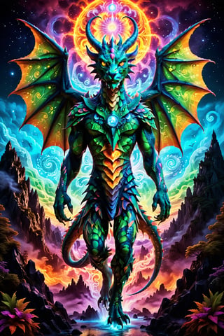 a massive dragon made of light and comsic energy guards the gates to another realm a wanderer stand before the dragon seeking passage , the spirit realm overlays the pysical realtiy  surrounding the wanderer , . , fractals, vivid color, 
"Visionary art style , psychedelic visionary art ,animal spirits, ,spirits,spirit guides,. Shamanic visions ,(the dragons body is not pysical it is transparent light energy )  . Spirit realm, metaphysical realm, esoteric,style, full body human,medium shot, perfect anatomy , psychedelic landscape surrounding the person , (masterpiece, best quality, ultra-detailed), (perfect hands, perfect anatomy), High detailed, detailed background, anatomically correct, beautiful face, detailed hands, perfect eyes, expressive eyes, score_9, score_8_up, score_7_up, best quality, masterpiece, 4k,visionary art,ULTIMATE LOGO MAKER [XL],bl4ckl1ghtxl,visionary art style