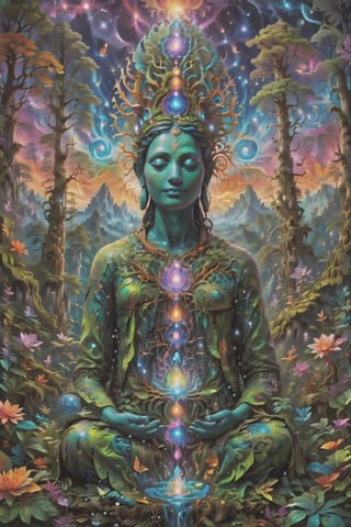 this person sits in a forest and transcends their ego mind and opens up to the spirit realm surrounding them. human in meditation, fractals, vivid color, 
"Visionary art is art that purports to transcend the physical world and portray a wider vision of awareness including spiritual or mystical themes, or is based in such experiences." , psychedelic visionary art ,animal spirits, ,spirits,spirit guides, , . Shamanic visions , ayahuasca visions . Spirit realm, metaphysical realm, esoteric,style, full body human,medium shot, perfect anatomy , psychedelic landscape surrounding the person , (masterpiece, best quality, ultra-detailed), (perfect hands, perfect anatomy), High detailed, detailed background, anatomically correct, beautiful face, detailed hands, perfect eyes, expressive eyes, score_9, score_8_up, score_7_up, best quality, masterpiece, 4k,visionary art,DonMSn0wM4g1cXL,ULTIMATE LOGO MAKER [XL],bl4ckl1ghtxl