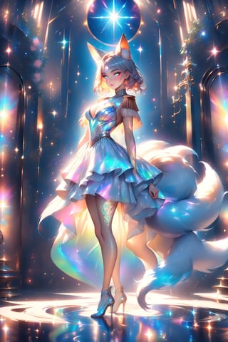 stunning artwork by artgerm, WLOP, of a beautiful female kitsune ( kitsune is a fox girl has fox ears, multiple fabulous fluffy swooshy fox tails billowing out from behind her ) , she is in galactic environment with planets stars and nebulous, she has tattoos short pixie cut hairstyle,holding long elegant staff, with glowing iridescent Feather Epaulettes made of smoke and light , tattooed female, detailed face, in focus,8k, wide angle shot, beautiful full body female , attractive beautiful female,intricate detailed garment design,curvaceous full figure feminine body, lace underclothes with intricate detail,perfected facial detail,detailed eyes, ultradetailed, natural lighting, epic compostion , dynamic pose, cinema 4d render by brian froud ,2020s art , with feeling of desire and Majesty uv color highlights , blacklight colors, neon color highlights, asiancore, trending on Artstation , done on procreate