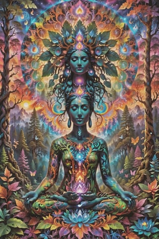 a forest of transcendence that opens up to the spirit realm surrounding breaking down physical reality into the spirit realm . human in meditation, fractals, vivid color, 
"Visionary art is art that purports to transcend the physical world and portray a wider vision of awareness including spiritual or mystical themes, or is based in such experiences." , psychedelic visionary art ,animal spirits, ,spirits,spirit guides, , . Shamanic visions , ayahuasca visions . Spirit realm, metaphysical realm, esoteric,style, full body human,medium shot, perfect anatomy , psychedelic landscape surrounding the person , (masterpiece, best quality, ultra-detailed), (perfect hands, perfect anatomy), High detailed, detailed background, anatomically correct, beautiful face, detailed hands, perfect eyes, expressive eyes, score_9, score_8_up, score_7_up, best quality, masterpiece, 4k,visionary art,ULTIMATE LOGO MAKER [XL],bl4ckl1ghtxl,visionary art style