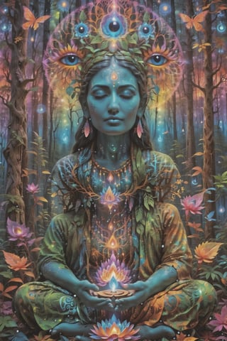 this person sits in a forest and transcends their ego mind and opens up to the spirit realm surrounding them. human in meditation, fractals, vivid color, 
"Visionary art is art that purports to transcend the physical world and portray a wider vision of awareness including spiritual or mystical themes, or is based in such experiences." , psychedelic visionary art ,animal spirits, ,spirits,spirit guides, , . Shamanic visions , ayahuasca visions . Spirit realm, metaphysical realm, esoteric,style, full body human,medium shot, perfect anatomy , psychedelic landscape surrounding the person , (masterpiece, best quality, ultra-detailed), (perfect hands, perfect anatomy), High detailed, detailed background, anatomically correct, beautiful face, detailed hands, perfect eyes, expressive eyes, score_9, score_8_up, score_7_up, best quality, masterpiece, 4k,visionary art,ULTIMATE LOGO MAKER [XL],bl4ckl1ghtxl