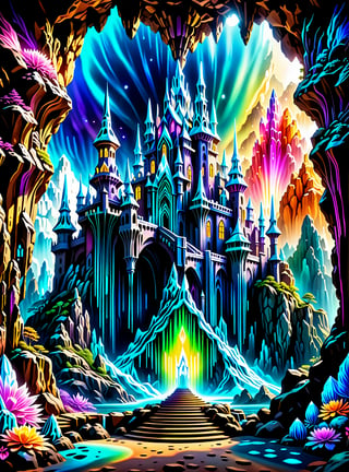 In the center of the cave entrance surrounded by a large crystal formations is a GIANT  CASTLE SPIRIT THAT IS MADE OUT OF SPIRITUAL ENERGY, it is made of translucent light and spiritual energy . A magical land psychedelic landscape wonderland with a  Guardian Spirit to watch over all. Dmt visuals. (visionary art style). ((symmetrical)) , uv, neon., uv highlights 
 fractals, sacred  geometry  and vivid color, (perfect symmetry),
 . Spirit realm, psychedelic landscape  , (masterpiece, best quality, ultra-detailed),, High detailed, detailed background, score_9, score_8_up, score_7_up, best quality, masterpiece,)) 4k,visionary art, everything fits into the image,