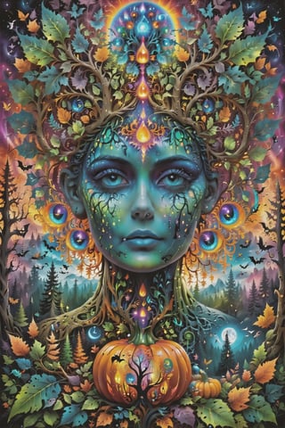 a forest of transcendence that opens up to the surroundings breaking down physical reality into the spirit realm . , fractals, vivid color, 
 . Spirit realm, metaphysical realm, esoteric,style , psychedelic landscape  , (masterpiece, best quality, ultra-detailed), (perfect hands, perfect anatomy), High detailed, detailed background, anatomically correct, , score_9, score_8_up, score_7_up, best quality, masterpiece, 4k,visionary art,ULTIMATE LOGO MAKER [XL],bl4ckl1ghtxl,dd4ught3r,Halloween