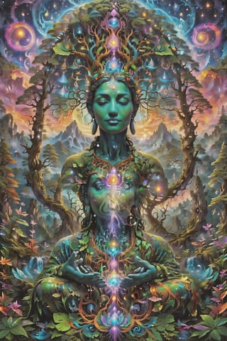 this person sits in a forest and transcends their ego mind and opens up to the spirit realm surrounding them. human in meditation, fractals, vivid color, 
"Visionary art is art that purports to transcend the physical world and portray a wider vision of awareness including spiritual or mystical themes, or is based in such experiences." , psychedelic visionary art ,animal spirits, ,spirits,spirit guides, , . Shamanic visions , ayahuasca visions . Spirit realm, metaphysical realm, esoteric,style, full body human,medium shot, perfect anatomy , psychedelic landscape surrounding the person , (masterpiece, best quality, ultra-detailed), (perfect hands, perfect anatomy), High detailed, detailed background, anatomically correct, beautiful face, detailed hands, perfect eyes, expressive eyes, score_9, score_8_up, score_7_up, best quality, masterpiece, 4k,visionary art,DonMSn0wM4g1cXL,ULTIMATE LOGO MAKER [XL],bl4ckl1ghtxl