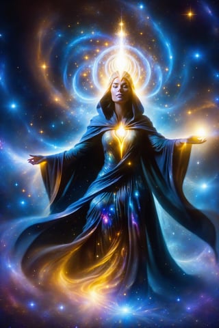 a female space shaman shrouded in cloak of light and stars,galaxy,space,portals,light being,stars,enchanted,fantasy,visionary art