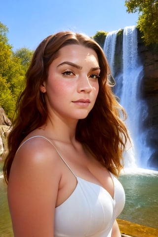 fantasy art by Robert E. Howard, Boris Vallejo, upper body portrait, woman, mix of Kate Upton, Kirsten Dunst, Emma Watson, pearl dress, soft eyes, arched bridge, waterfall, masterpiece, high resolution, HD, 8k, best quality, intricate