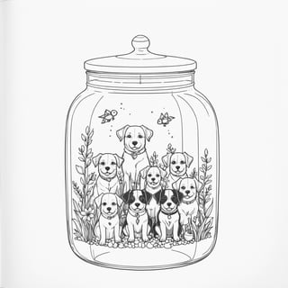 coloring book, bold line art. White and black minimalistic draw coloring page for a world under a jar with little cute dogs inside . Defined lines. Clean Drawn. Vector, Coloring Page, Bold line art, Coloring Book, Outline, Coloring, Coloring Sheet, Coloring Book, Coloring Page, Black and white, illustration, Draw, drwbk coloring book drawing