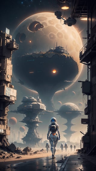 Astronauts, futuristic city, giant cruise ship, Portal to another WORLD, Science fiction, astronauts, spaceships, sky vault, yellow suns, craters, futuristic cities, beautiful girl walking on an extraterrestrial planet with a very tight and sexy astronaut suit