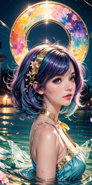 Watercolor painting, (Beautifully aesthetic: 1.2), (1 girl: 1.3), (colorful hair, half blue and half purple hair: 1.2), water, liquid, natta, colorful, gold lace and pale blue that shiny gold ribbons around , petals and dried daughters floating on the head, beautiful night, starry sky, it is raining, satin, fantastic night, watercolor, 1 girl