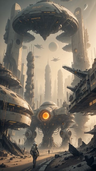 Astronauts, futuristic city, giant cruise ship, Portal to another WORLD, Science fiction, astronauts, spaceships, sky vault, yellow suns, craters, futuristic cities, beautiful girl walking on an extraterrestrial planet with a very tight and sexy astronaut suit