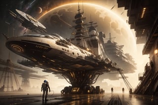 interstellar ship to travel through space, show the background of the celestial vault, the ship is passing near a yellow sun, astronaut making repairs to the ship's hull, astronaut armor, android.