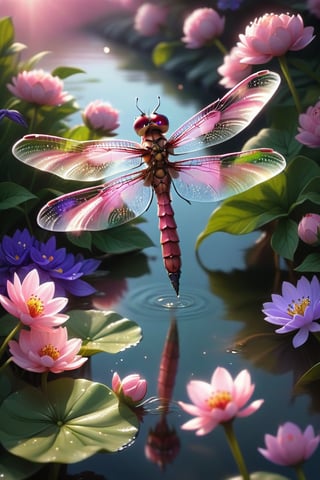 A majestic emerald green and carmine red dragonfly hovers delicately over calm waters dotted with pink and violet flowers, its translucent wings shimmering in the warm sunlight that casts a soft glow on the petals. The dragonfly’s vibrant body blends seamlessly with the surrounding foliage as it gathers nectar from the flower’s center. 8K resolution captures every intricate detail of the natural scene, from the delicate pollen grains to the soft focus of the blurred background.