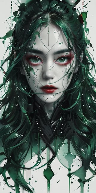 Ultra Wide Shot, Minimalist Art with Sharp Lines, Green Blood Red Lips, Dripping, AI Takeover, White Background, Monochrome with Green Highlight, Green Eyes, Symmetry, Monochrome, Long Hair, Bright Green Hair