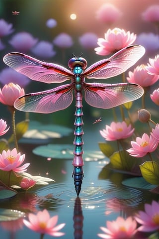 A majestic emerald green and carmine red dragonfly delicately hovers over calm waters dotted with pink and violet flowers, its translucent wings shimmering in the warm sunlight that casts a soft glow on the petals. The dragonfly’s vibrant body blends seamlessly with the surrounding foliage as it gathers nectar from the flower’s center. 8K resolution captures every intricate detail of the natural scene, from the delicate pollen grains to the soft focus of the blurred background.