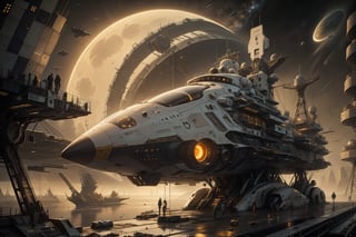 interstellar ship to travel through space, show the background of the celestial vault, the ship is passing near a yellow sun, astronaut making repairs to the ship's hull, astronaut armor, android.