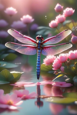 A majestic emerald green and carmine red dragonfly delicately hovers over calm waters dotted with pink and violet flowers, its long translucent wings shimmering in the warm sunlight that casts a soft glow on the petals. The dragonfly’s vibrant body blends seamlessly with the surrounding foliage as it gathers nectar from the flower’s center. 8K resolution captures every intricate detail of the natural scene, from the delicate pollen grains to the soft focus of the blurred background.