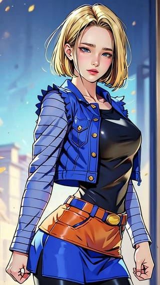 android 18,1girl,blush,full_face,jacket,armored,high_school_girl,short_hair