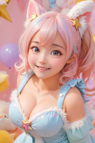 adorable_eyes,mischievous_smile,charming_outfit,fluffy_pet,kawaii_pose,pastel_background,star-shaped_weapon,masterpiece,best quality,highly detailed,sharp focus,dynamic lighting,vivid colors,texture detail,particle effects,storytelling elements,narrative flair,16k,UE5,HDR,subject-background isolation,beautymix,(big breasts :1.8),full body 