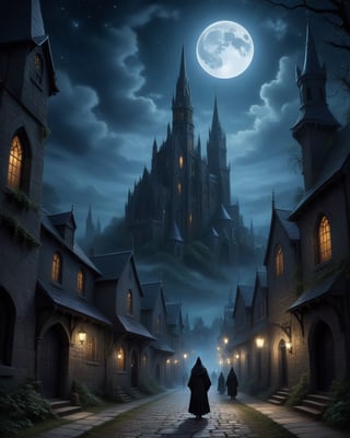 Anne Stokes style, landscape, (cityscape), stary sky, moonlight, pilgrims, dark, eerie, fantasy, gothic, mysterious, whimsical,