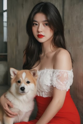 cinematic film still (masterpiece, best quality, ultra realistic, 32k, RAW photo, detailed skin, 8k uhd, high quality:1.2), FilmGirl, 1girl, Accompanied by a Siberian dog, black hair, tube dress, realistic, red dress, long hair, sitting, arms behind the head, bare shoulders, looking at viewer, lips apart, breasts, collarbone, black eyes, red lips, transparent, off shoulder, small breastsVonzy SDXL (LoRa) Indonesia, 2girl, Accompanied by a Siberian dog, black hair, dress, realistic, white dress, long hair, sitting, arms behind the head, bare shoulders, looking at viewer, lips apart, breasts, collarbone, black eyes, red lips, transparent, off shoulder, small breastsVonzy SDXL (LoRa) Indonesia