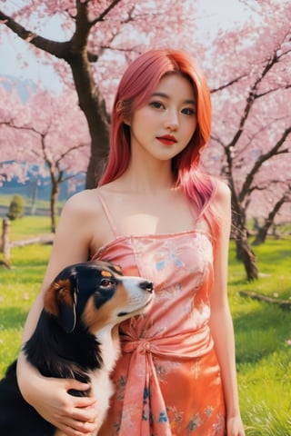 cinematic film still (masterpiece, best quality, ultra realistic, 32k, RAW photo, detailed skin, 8k uhd, high quality:1.2), FilmGirl, 1girl, Accompanied by a Siberian dog, pink hair, traditional japanese dress, realistic, orange dress with blue, long hair, standing next to a cherry tree, arms behind the head, bare shoulders, looking at viewer, lips apart, big breasts, collarbone, black eyes, red lips, transparent, off shoulder, big breastsVonzy SDXL (LoRa) Indonesia, 2girl, Accompanied by a Siberian dog, pink hair, traditional japanese dress, realistic, orange dress with violet long hair, standing next to a cherry tree, arms behind the head, bare shoulders, looking at viewer, lips apart, big breasts, collarbone, black eyes, red lips, transparent, off shoulder, very big breastsVonzy SDXL (LoRa) Indonesia