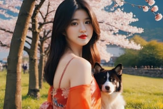 cinematic film still (masterpiece, best quality, ultra realistic, 32k, RAW photo, detailed skin, 8k uhd, high quality:1.2), FilmGirl, 1girl, Accompanied by a Siberian dog, black hair, traditional japanese dress, realistic, orange dress with blue, long hair, standing next to a cherry tree, arms behind the head, bare shoulders, looking at viewer, lips apart, big breasts, collarbone, black eyes, red lips, transparent, off shoulder, big breastsVonzy SDXL (LoRa) Indonesia, 2girl, Accompanied by a Siberian dog, black hair, traditional japanese dress, realistic, orange dress with violet long hair, standing next to a cherry tree, arms behind the head, bare shoulders, looking at viewer, lips apart, big breasts, collarbone, black eyes, red lips, transparent, off shoulder, very big breastsVonzy SDXL (LoRa) Indonesia