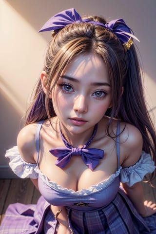 ((From bottom view)),realistic, high resolution, soft light,young girl ,solo, shining skin,perfect hands,perfect fingers((very detailed illustration)),god's hand((In the style of serpieri)),violet uniform,blue tie , standing,school uniform,full body, (medium breast),violet skirt ,blue hair, ponytail, violet bandana