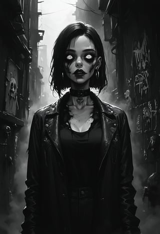 score_9, score_8_up, score_7_up,
txzndevil, horror \(theme\), monochrome, greyscale, 
1girl, solo,  earrings, sharp eyes, choker, open jacket,night, graffiti, dim lighting, alley, looking at viewer