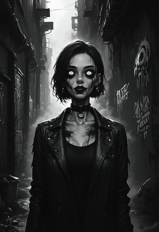 score_9, score_8_up, score_7_up,
txzndevil, horror \(theme\), monochrome, greyscale, 
1girl, solo,  earrings, sharp eyes, choker, open jacket,night, graffiti, dim lighting, alley, looking at viewer