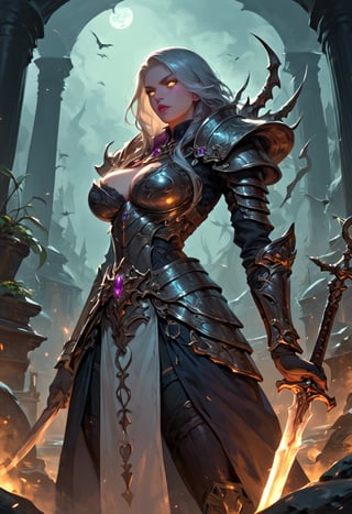 score_9, score_8_up, score_7_up, score_6_up,
fierce and determined young very sexy woman with short,silver hair,clad in intricate short dark armor,She stands defiantly at the center,with her sword drawn,ready for battle. Behind her,slightly off to the right to balance the composition,looms a massive,menacing beast with scaled skin and glowing eyes,creating a dramatic contrast. The scene is set in a shadowy,mystical environment,with bioluminescent plants and glowing elements dispersed throughout. The cold,eerie light illuminates the scene from the top left,enhancing the tension and dark atmosphere. The overall composition maintains ample negative space on the left side for desktop icons,ensuring the visual elements are not obstructed and the wallpaper remains functional as well as visually striking,