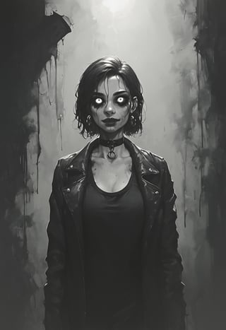 score_9, score_8_up, score_7_up,
txzndevil, horror \(theme\), monochrome, greyscale, 
1girl, solo,  earrings, sharp eyes, choker, open jacket,night, graffiti, dim lighting, alley, looking at viewer