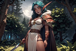 royal, princess, atmospheric scene, masterpiece, best quality (detailed face, detailed skin texture, ultra detailed body), (cinematic light: 1.1), r0seb7rne-smf, extremely detailed CG, unity 8k wallpaper, ultra detailed, very detailed, bright colors,


glowing eyes, magical eyes, detailed eyes, light up eyes, eyelashes, expression of pleasure on the face, shiny skin, oiled skin,

tree, forest, dark, moonlight, deep forest, night, massive rain, rainy, cloudy,


nightelf, long eyebrows, long ears, druid, 

emotes, flying, fly, laugh, smile, funny, fun, extrem poses,

adult female, turquoise hair, black lipstick, yellow amber eyes, freckles, dimple, red skin, purple skin, tattoo, fire hair, 


druid_long_skirt, long_dress, leather_arms, more_belt, heavy belt with dagger, belt with dagger, sword weapon, shoulder_plates, cape, furr, hood, armor, metal_armor, leather armor, herbs, herb, leafes, leaf_on_head, harness,