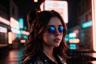 (highres,  realistic:1.2), portrait, beautiful face, gorgeous eyes, full lips, long dark hair, fashionable outfit, confident pose, stylish sunglasses, neon light, atmospheric cinematic background, vibrant colors, soft bokeh, artistic ambiance, subtle lighting, 