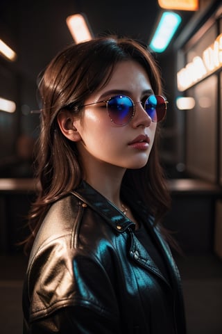 (highres,  realistic:1.2), portrait, beautiful face, gorgeous eyes, full lips, long dark hair, fashionable outfit, confident pose, stylish sunglasses, neon light, atmospheric cinematic background, vibrant colors, soft bokeh, artistic ambiance, subtle lighting, 