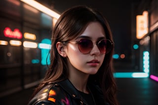 (highres,  realistic:1.2), portrait, beautiful face, gorgeous eyes, full lips, long dark hair, fashionable outfit, confident pose, stylish sunglasses, neon light, atmospheric cinematic background, vibrant colors, soft bokeh, artistic ambiance, subtle lighting, 