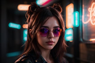 (highres,  realistic:1.2), portrait, beautiful face, gorgeous eyes, full lips, long dark hair, fashionable outfit, confident pose, stylish sunglasses, neon light, atmospheric cinematic background, vibrant colors, soft bokeh, artistic ambiance, subtle lighting, 