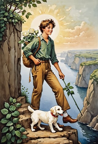 tarot card of the fool depicting a youth lad walking joyfully into the world from a cliff. He takes his first step midway, and his facial expression is exuberant, joyful, excited. He carries a small sack of food, not a care in the world or worry of danger. If he takes a full step he’ll topple over the cliff to his death. naive or unaware. He holds a white rose in his hand and A white dog at his heels barks, beginnings, freedom, innocence, originality, adventure, idealism, spontaneity watercolo