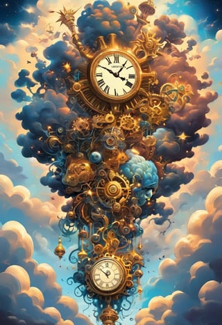 Genius brain cloud with clock gears rotating to create an idea of oneness with the universe and divine guidance