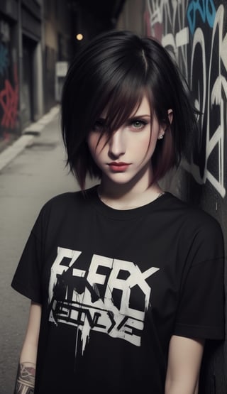 perfecteyes,  emo hair,  emo style, half body,  emo girls,  bad life,  dark,  sad, graffiti background, t shirt