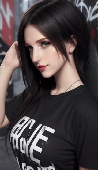 perfecteyes,  emo hair,  emo style, half body,  emo girls,  bad life,  dark,  sad, graffiti background, t shirt, nsfw, cup c boobs, side face