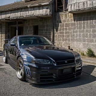 A  futuristic photorealistic image of a Red 1998 Nissan Skyline body kit sitting in a suburban area, Black wheels,  car photography, 8k, unreal engine, full body side view photo, masterpiece,detailmaster2,,car,Extremely Realistic