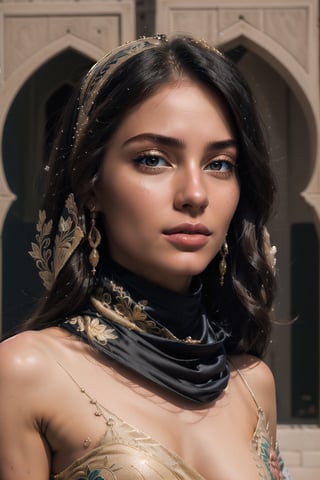 Beautiful brunette, very long curvy black hair, slim figure, petite, Arabic style, Embroidered and elegant Arabic silk clothes with bright colors, Embroidered scarf, photography, extreme pampering, attractive femininity, ultra detailed, looking-at-viewer, pleasure_face,High detailed 