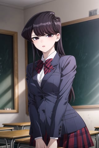 ((best quality)),  ((highly detailed)),  masterpiece,  ((official art)),  SK, lips, school, schoolroom, standing, chalkboard ,looking at viewer, (body trembling:1.3), dark blue blazer, striped bowtie, school uniform,  v arms, pantyhose, classroom, cowboy shot, school uniform, red skirt, red bow, blazer,,  girl,  indoors,  intricately detailed,  hyperdetailed,  blurry background, depth of field,  best quality,  masterpiece,  intricate details,  tonemapping,  sharp focus,  hyper detailed,  trending on Artstation, 1 girl,  high res,  official art,SK,StandingAtAttention