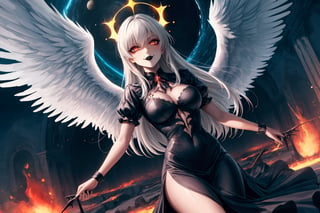 masterpiece, best quality, absurdres, 4k, 8k, uhd create fallen archangel,detailed angel wins, bloodlust, (dutch angle), hell. fire, (black wings),black dress, elizabeth, red glowy eyes, eerie, creepy, nightmarish, very bright colors, light particles, wallpaper art, ((cosmic energy)),high detailed ,evil smile, white hair, ((black lips))