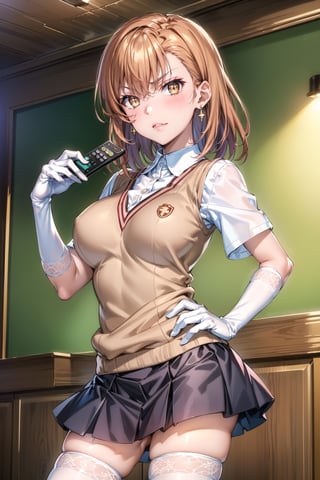 ((best quality)),  ((highly detailed)),  masterpiece,1girl, ((remote_control, aiming_at_viewer, closed_mouth, sparkling_eyes, smug, shaded_face)),(large breasts), tokiwadai school uniform, sweater vest, short sleeves, (](white gloves, elbow gloves)), pleated skirt, white thighhighs ,1girl, lips:1.2, makeup:1.2, ((gyaru)) ,jewelry, blush, earrings, looking at viewer, standing, cowboy shot, red hair, school, short hair, aamikoto ,hmmisaki,hypnoCollar,V-shaped eyebrows, 1girl